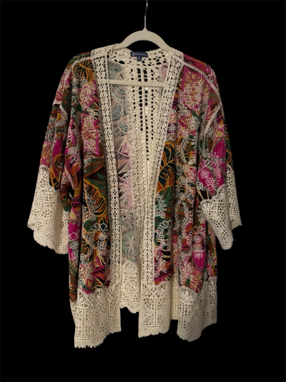 Democracy Floral Crochet-Trim Kimono - Pink, Green, Cream & Brown